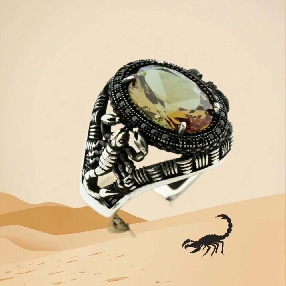 Mens Silver Scorpion Ring Large Yellow Stone Citrine Size 11